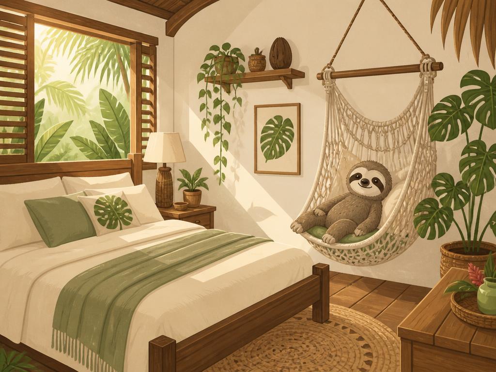 Cuarto Selva con cama, hamaca y plantas tropicales